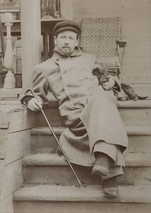 Framed Print : Anton Chekhov (1860-1904) with dog Hina. Melikhovo, 1897 Framed Print : Anton Chekhov (1860-1904) with dog Hina. Melikhovo, 1897