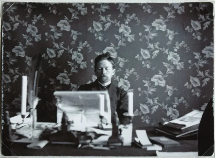 Framed Print : Anton Chekhov in his study in Yalta, 1895-1900. Artist: Anonymous Framed Print : Anton Chekhov in his study in Yalta, 1895-1900. Artist: Anonymous