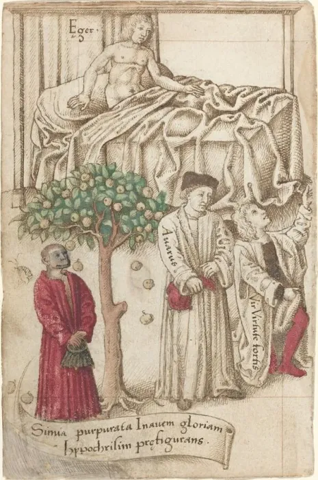 Framed Print : An Ape in Purple with a Sick Man, a Good Man, and a Miser [fol. 36 verso], c. 1512  /  1515