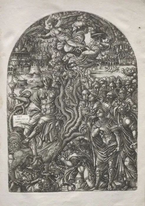 Framed Print : The Apocalypse: Babylon the Harlot, Seated on the Seven-headed Beast, 1546-1556. Creator Framed Print : The Apocalypse: Babylon the Harlot, Seated on the Seven-headed Beast, 1546-1556. Creator