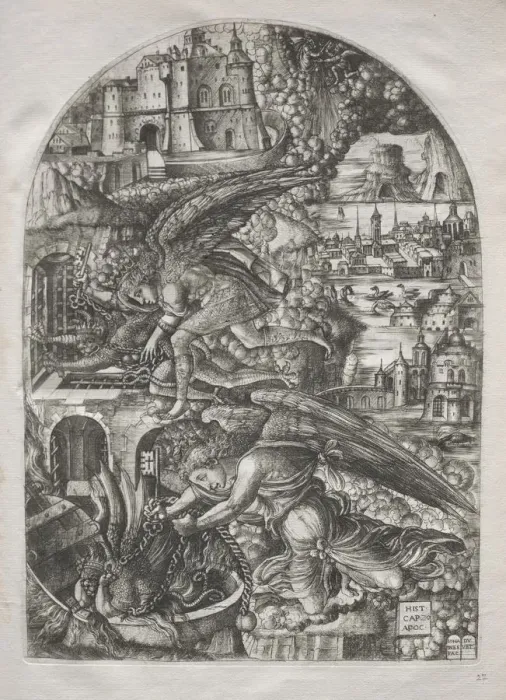 Framed Print : The Apocalypse: Satan Bound for a Thousand Years, 1546-1555. Creator: Jean Duvet (French Framed Print : The Apocalypse: Satan Bound for a Thousand Years, 1546-1555. Creator: Jean Duvet (French