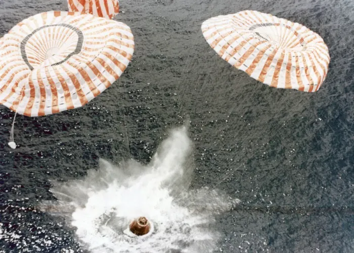 Framed Print : The Apollo 15 capsule lands safely despite a parachute failure, Mid-Pacific Ocean, 1971. Artist: NASA