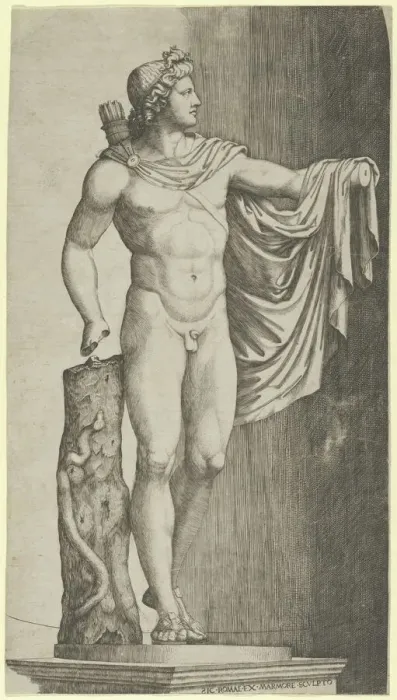 Framed Print : The Apollo Belvedere from the Vatican his left hand resting on the tree trunk aroun... ca. 1510-27. Creator: Marcantonio Raimondi Framed Print : The Apollo Belvedere from the Vatican his left hand resting on the tree trunk aroun... ca. 1510-27. Creator: Marcantonio Raimondi