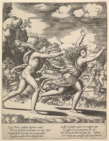 Apollo chasing Daphne who throws her arms up, in the background at right shows the mome