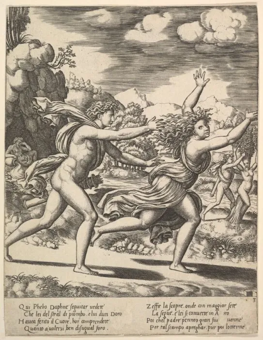 Framed Print : Apollo chasing Daphne who throws her arms up, in the background at right shows the mome