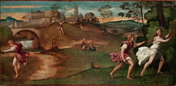 Framed Print : Apollo and Daphne, 1510-1515. Creator: Bordone, Paris (1500-1571) Framed Print : Apollo and Daphne, 1510-1515. Creator: Bordone, Paris (1500-1571)
