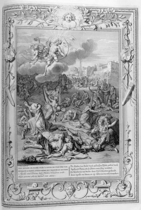 Framed Print : Apollo and Diana Kill Niobes Children with their Arrows, 1733. Artist: Bernard Picart Framed Print : Apollo and Diana Kill Niobes Children with their Arrows, 1733. Artist: Bernard Picart