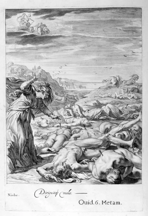 Framed Print : Apollo and Diana kill Niobes Children with their arrows: she is turned to stone, 1655. Artist: Michel de Marolles Framed Print : Apollo and Diana kill Niobes Children with their arrows: she is turned to stone, 1655. Artist: Michel de Marolles