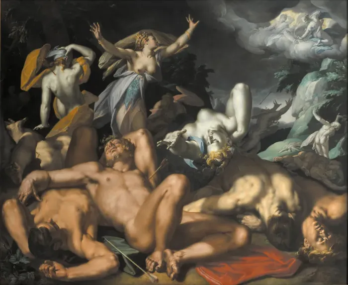 Framed Print : Apollo and Diana Punishing Niobe by Killing her Children, 1591. Artist: Bloemaert, Abraham (1566-1651) Framed Print : Apollo and Diana Punishing Niobe by Killing her Children, 1591. Artist: Bloemaert, Abraham (1566-1651)