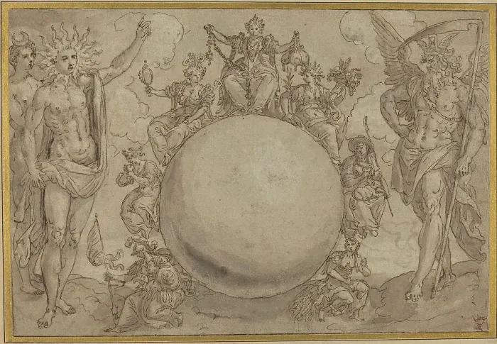 Framed Print : Apollo, Diana, and Time with the Cyclic Vicissitudes of Human Life, c. 1561. Creator: Martin de Vos Framed Print : Apollo, Diana, and Time with the Cyclic Vicissitudes of Human Life, c. 1561. Creator: Martin de Vos