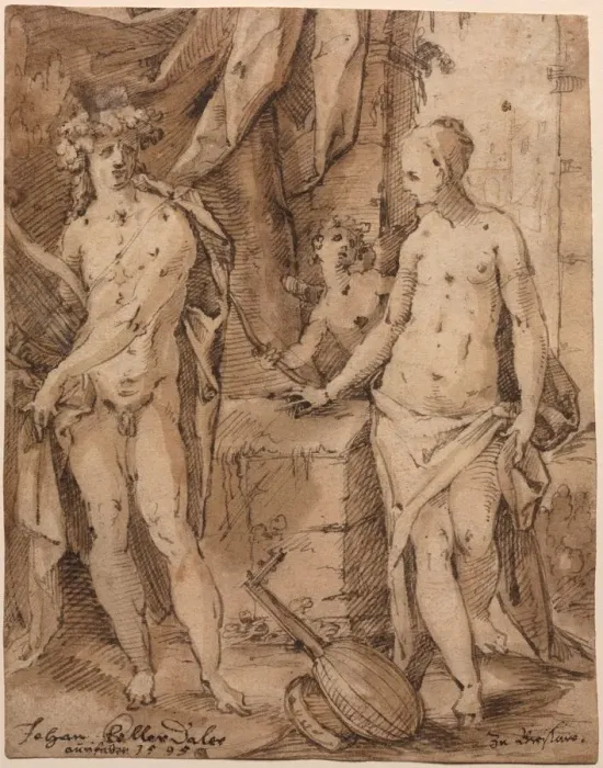 Framed Print : Apollo with Erato and Cupid, 1595. Creator: Johann Kellerthaler (German, c 1560 / 2-1611) Framed Print : Apollo with Erato and Cupid, 1595. Creator: Johann Kellerthaler (German, c 1560 / 2-1611)