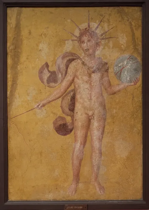 Framed Print : Apollo or Helios with sphere, from Pompeii, Casa dell'Argenteria, 2 H. of 1th cen. BC. Creator: Roman-Pompeian wall painting. Apollo or Helios with sphere, from Pompeii, Casa dell'Argenteria, 2 H. of 1th cen. BC Framed Print : Apollo or Helios with sphere, from Pompeii, Casa dell'Argenteria, 2 H. of 1th cen. BC. Creator: Roman-Pompeian wall painting. Apollo or Helios with sphere, from Pompeii, Casa dell'Argenteria, 2 H. of 1th cen. BC
