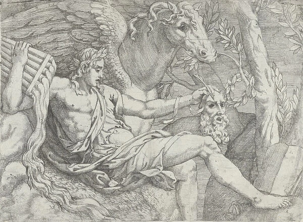 Apollo holding pipes in his right hand accompanied by Pegasus, 1556-60