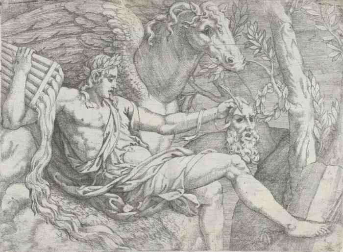 Framed Print : Apollo holding pipes in his right hand accompanied by Pegasus, 1556-60 Framed Print : Apollo holding pipes in his right hand accompanied by Pegasus, 1556-60