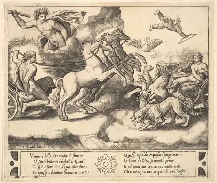 Framed Print : Apollo in his horse-drawn chariot at the left, above him above Jupiter hurls a thunderb