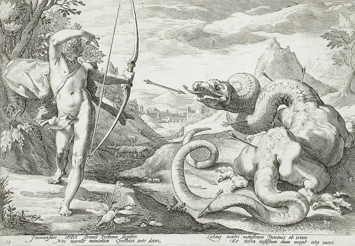 Framed Print : Apollo Killing the Python, published 1589. Creator: Hendrik Goltzius Framed Print : Apollo Killing the Python, published 1589. Creator: Hendrik Goltzius