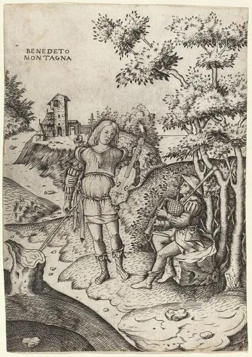 Framed Print : Apollo and Marsyas, c. 1515 / 1520. Creator: Benedetto Montagna Framed Print : Apollo and Marsyas, c. 1515 / 1520. Creator: Benedetto Montagna