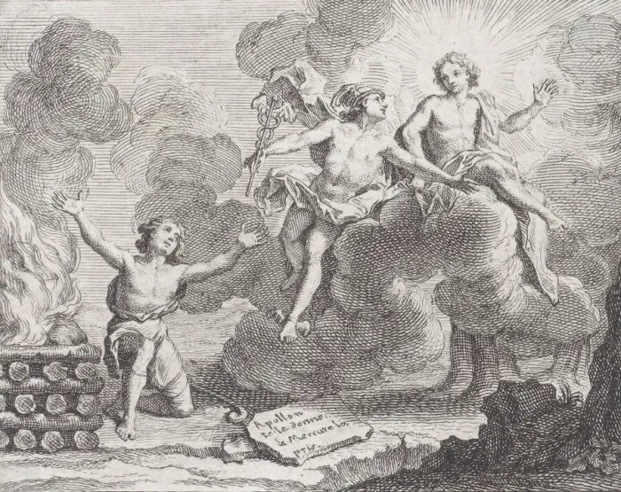 Framed Print : Apollo, Mercury, and the Shepherdesses, Fable X in La Motte, Fables Nouvelles, 1719 Framed Print : Apollo, Mercury, and the Shepherdesses, Fable X in La Motte, Fables Nouvelles, 1719