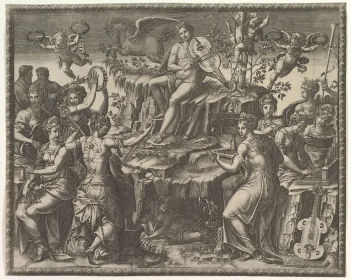 Framed Print : Apollo and the Muses, ca. 1557. Creator: Giorgio Ghisi Framed Print : Apollo and the Muses, ca. 1557. Creator: Giorgio Ghisi