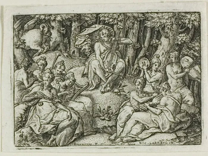 Framed Print : Apollo and the Muses, n. d. Creator: Etienne Delaune Framed Print : Apollo and the Muses, n. d. Creator: Etienne Delaune