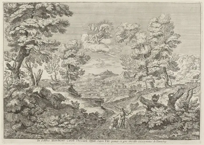 Framed Print : Apollo and a Nymph Leading a Lion, 1696. Creator: Crescenzio Onofri Framed Print : Apollo and a Nymph Leading a Lion, 1696. Creator: Crescenzio Onofri