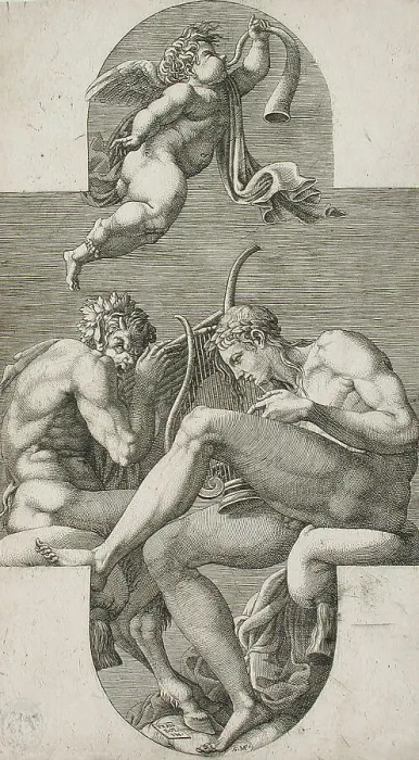 Framed Print : Apollo, Pan and a Putto Blowing a Horn, 1560s. Creator: Giorgio Ghisi Framed Print : Apollo, Pan and a Putto Blowing a Horn, 1560s. Creator: Giorgio Ghisi