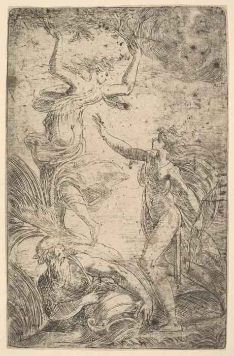 Framed Print : Apollo at right holding a bow chasing Daphne at the left, ca. 1538-40 Framed Print : Apollo at right holding a bow chasing Daphne at the left, ca. 1538-40