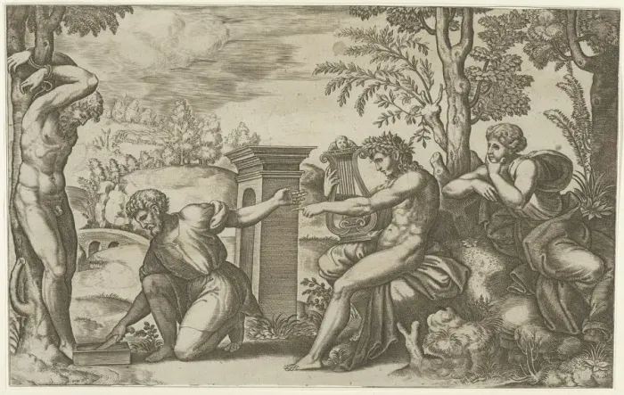 Framed Print : Apollo seated at the right with a lyre, pointing to a kneeling man who is about to flay... 1530-60. Creator: Master of the Die Framed Print : Apollo seated at the right with a lyre, pointing to a kneeling man who is about to flay... 1530-60. Creator: Master of the Die