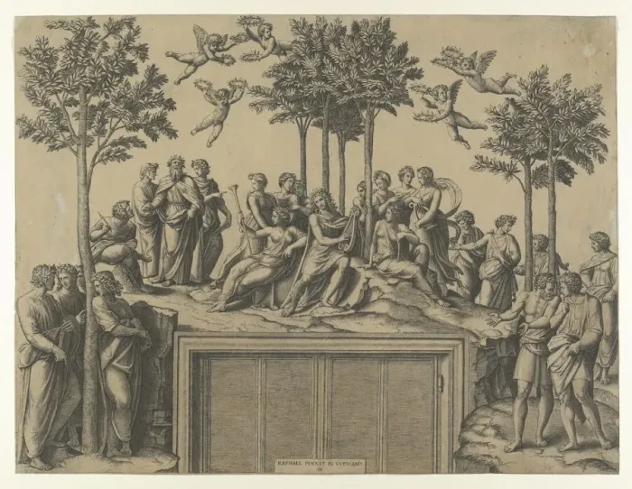 Framed Print : Apollo sitting on Parnassus surrounded by the muses and famous poets, ca. 1517-20. ca. 1517-20. Creator: Marcantonio Raimondi Framed Print : Apollo sitting on Parnassus surrounded by the muses and famous poets, ca. 1517-20. ca. 1517-20. Creator: Marcantonio Raimondi