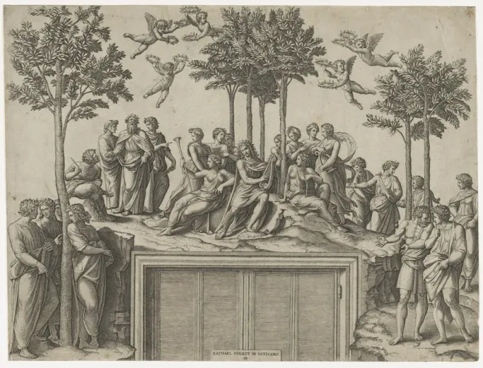 Framed Print : Apollo sitting on Parnassus surrounded by the muses and famous poets, ca. 1517-20 Creator: Marcantonio Raimondi Framed Print : Apollo sitting on Parnassus surrounded by the muses and famous poets, ca. 1517-20 Creator: Marcantonio Raimondi