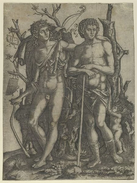 Apollo standing at the left, his hand resting on the shoulder of Hyacinthus, Cupid in the... 1506. Creator: Marcantonio Raimondi