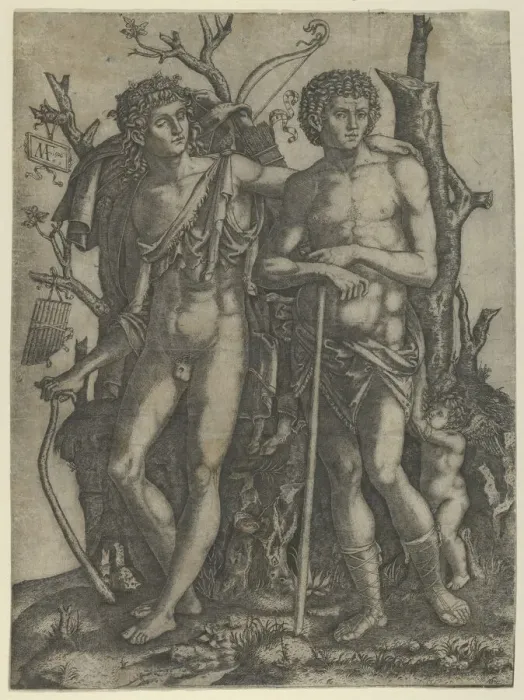 Framed Print : Apollo standing at the left, his hand resting on the shoulder of Hyacinthus, Cupid in the... 1506. Creator: Marcantonio Raimondi Framed Print : Apollo standing at the left, his hand resting on the shoulder of Hyacinthus, Cupid in the... 1506. Creator: Marcantonio Raimondi