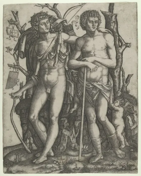 Framed Print : Apollo standing at the left, his hand resting on the shoulder of Hyacinthus, Cupid in the... 1506. Creator: Marcantonio Raimondi Framed Print : Apollo standing at the left, his hand resting on the shoulder of Hyacinthus, Cupid in the... 1506. Creator: Marcantonio Raimondi