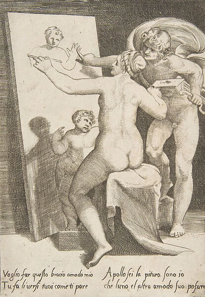 Apollo standing a beside a woman representing an allegory of painting, from The Loves