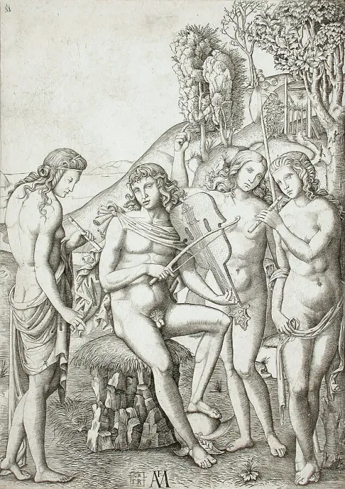 Framed Print : Apollo Teaching Music to the Graces, 16th century. Creator: Marcantonio Raimondi Framed Print : Apollo Teaching Music to the Graces, 16th century. Creator: Marcantonio Raimondi