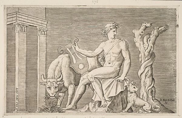 Apollo tending the flocks of Admetus, Apollo seated holding a lyre and flanked by a