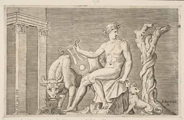 Framed Print : Apollo tending the flocks of Admetus, Apollo seated holding a lyre and flanked by a