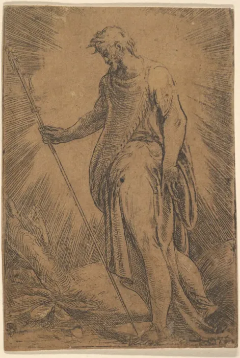 Framed Print : An apostle holding a staff facing left, ca. 1540-60. Creator: Andrea Schiavone Framed Print : An apostle holding a staff facing left, ca. 1540-60. Creator: Andrea Schiavone