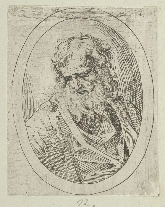 Framed Print : An apostle with a long beard looking down at an open book, in an oval frame, 1600-1640. Creator: Anon