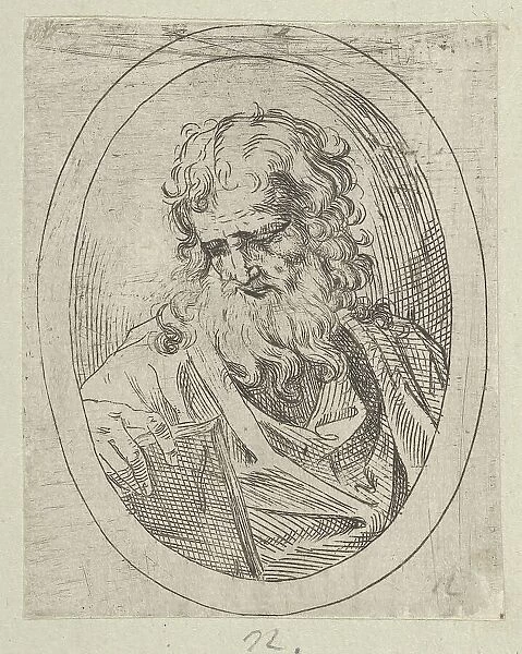 An apostle with a long beard looking down at an open book, in an oval frame, 1600-1640. Creator: Anon
