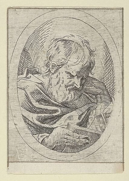 An apostle resting his head on his left hand and reading a book, in an oval frame, 1600-1640. Creator: Anon