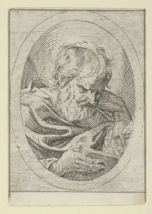 Framed Print : An apostle resting his head on his left hand and reading a book, in an oval frame, 1600-1640. Creator: Anon Framed Print : An apostle resting his head on his left hand and reading a book, in an oval frame, 1600-1640. Creator: Anon