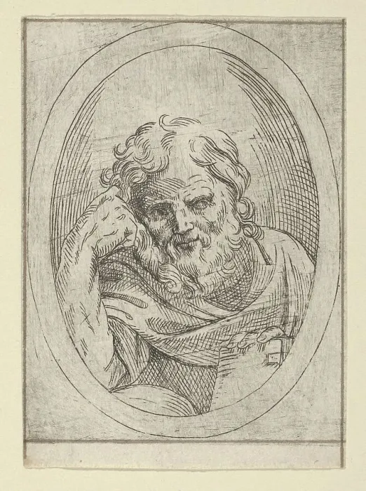 Framed Print : An apostle resting his head on his right hand and holding a book, in an oval frame, 1600-1640. Creator: Anon Framed Print : An apostle resting his head on his right hand and holding a book, in an oval frame, 1600-1640. Creator: Anon