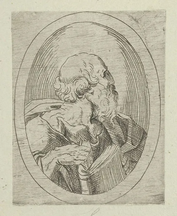 Framed Print : An apostle seen in profile facing right, holding an open book, in an oval frame, from... 1600-1640. Creator: Anon