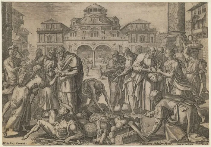 Framed Print : The Apostles Distribute the Money to those in Need, ca. 1600. Artist: Sadeler, Jan (Johannes), the Elder (1550-1600) Framed Print : The Apostles Distribute the Money to those in Need, ca. 1600. Artist: Sadeler, Jan (Johannes), the Elder (1550-1600)