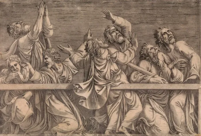 Framed Print : The Apostles Looking at Christ and the Virgin in a Glory of Angels (bottom left plate), 1546. Creator: Leon Davent Framed Print : The Apostles Looking at Christ and the Virgin in a Glory of Angels (bottom left plate), 1546. Creator: Leon Davent