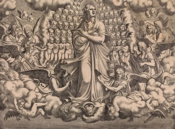 Framed Print : The Apostles looking at Christ and the Virgin in a Glory of Angels (top left plate), 1546. Creator: Leon Davent Framed Print : The Apostles looking at Christ and the Virgin in a Glory of Angels (top left plate), 1546. Creator: Leon Davent