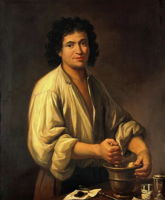 Framed Print : An apothecary (a man using pestle and mortar), 18th century. Creator: Unknown Framed Print : An apothecary (a man using pestle and mortar), 18th century. Creator: Unknown