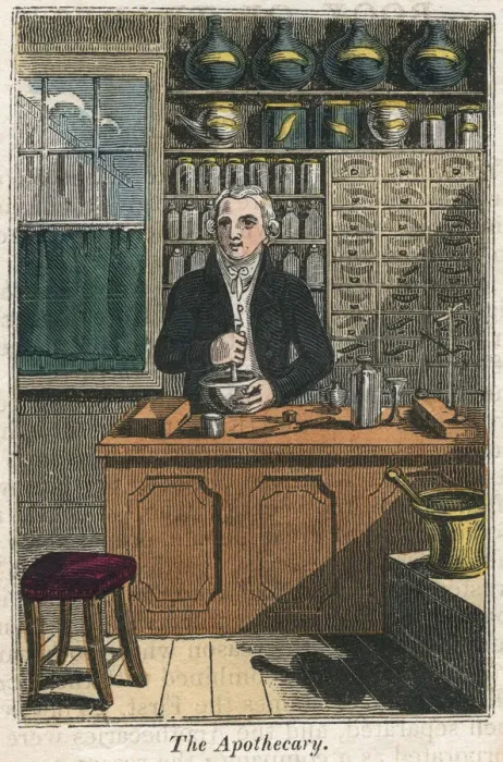 Framed Print : The apothecary using pestle and mortar to prepare drugs, 1823 Framed Print : The apothecary using pestle and mortar to prepare drugs, 1823