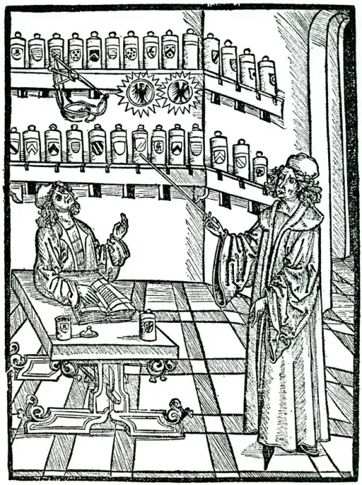 Framed Print : The apothecarys shop, Strasbourg, 1483. Artist: Johannis De Cuba Framed Print : The apothecarys shop, Strasbourg, 1483. Artist: Johannis De Cuba